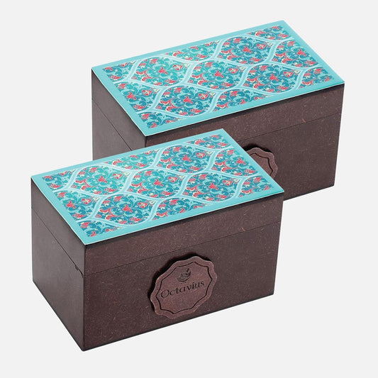 Octavius Assorted Tea Gift Set | 6 Assorted Black & Green Teas | 30 Teabags | Wooden Tea Sampler Pack w/Ornate Floral Design | Pack of 2 | Mothers Day Tea Gift Box