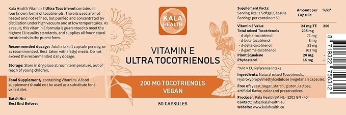 KALA HEALTH Ultra Tocotrienol 200mg Vitamin E Vegan – All 4 tocotrienols - Tocopherol Free - Supports Immune Health & Antioxidant Health Tocotrienols Supplement