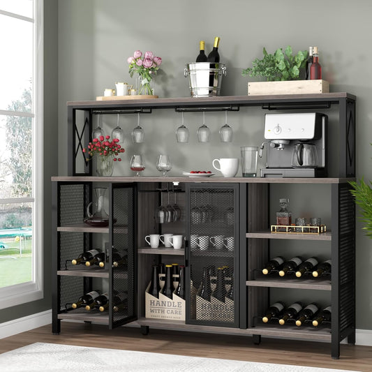 Bar Cabinet, 55 Inches Industry Coffee Bar Cabinet with Wine Rack and Glass Holder, Kitchen Sideboard Buffet Cabinet with Wine Rack Storage for Liquor and Glasses (Rustic Grey)