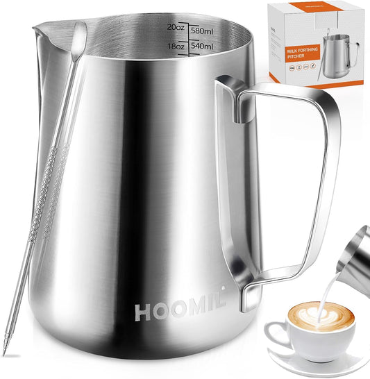 HOOMIL Milk Frothing Pitcher, 20oz/600ml Stainless Steel Steaming Pitcher Barista Milk Frother Cup Jug for Espresso Machine Coffee Cappuccino Latte Art - Silver