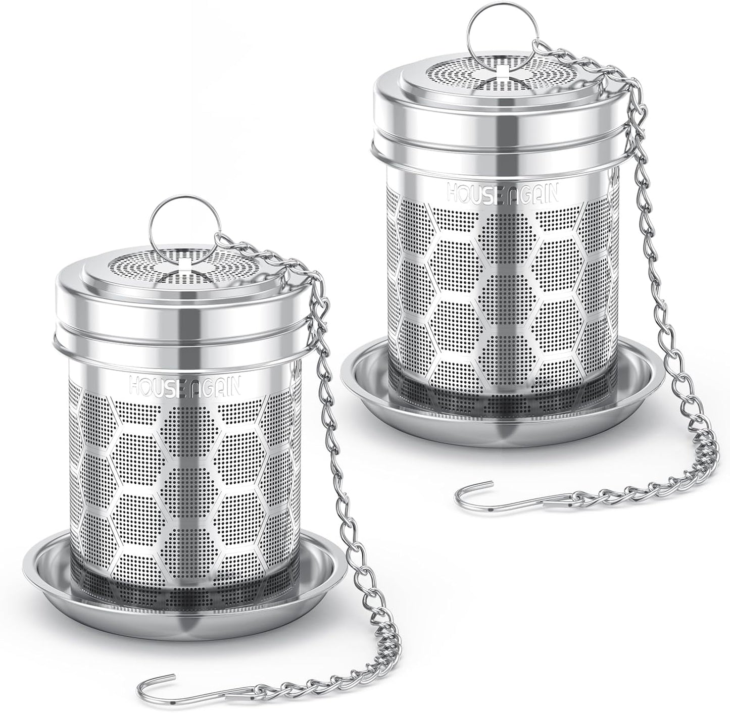 House Again 2 Pack Tea Strainers for Loose Tea, Extra Fine Mesh Tea Infuser, 304 Stainless Steel with Chain Hook, Loose Leaf Tea Steeper for Brew Tea Spices & Seasonings, Geometric Design