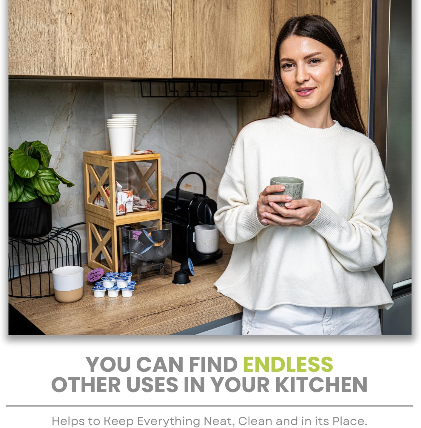 Bamboo Snack & Pantry kitchen Organizer – 2 Pack Bamboo Stackable Storage Drawers – Pull Out Storage for Cookies, Spices, Coffee Pods & K Cups – Clear Acrylic Drawer for Countertop Use