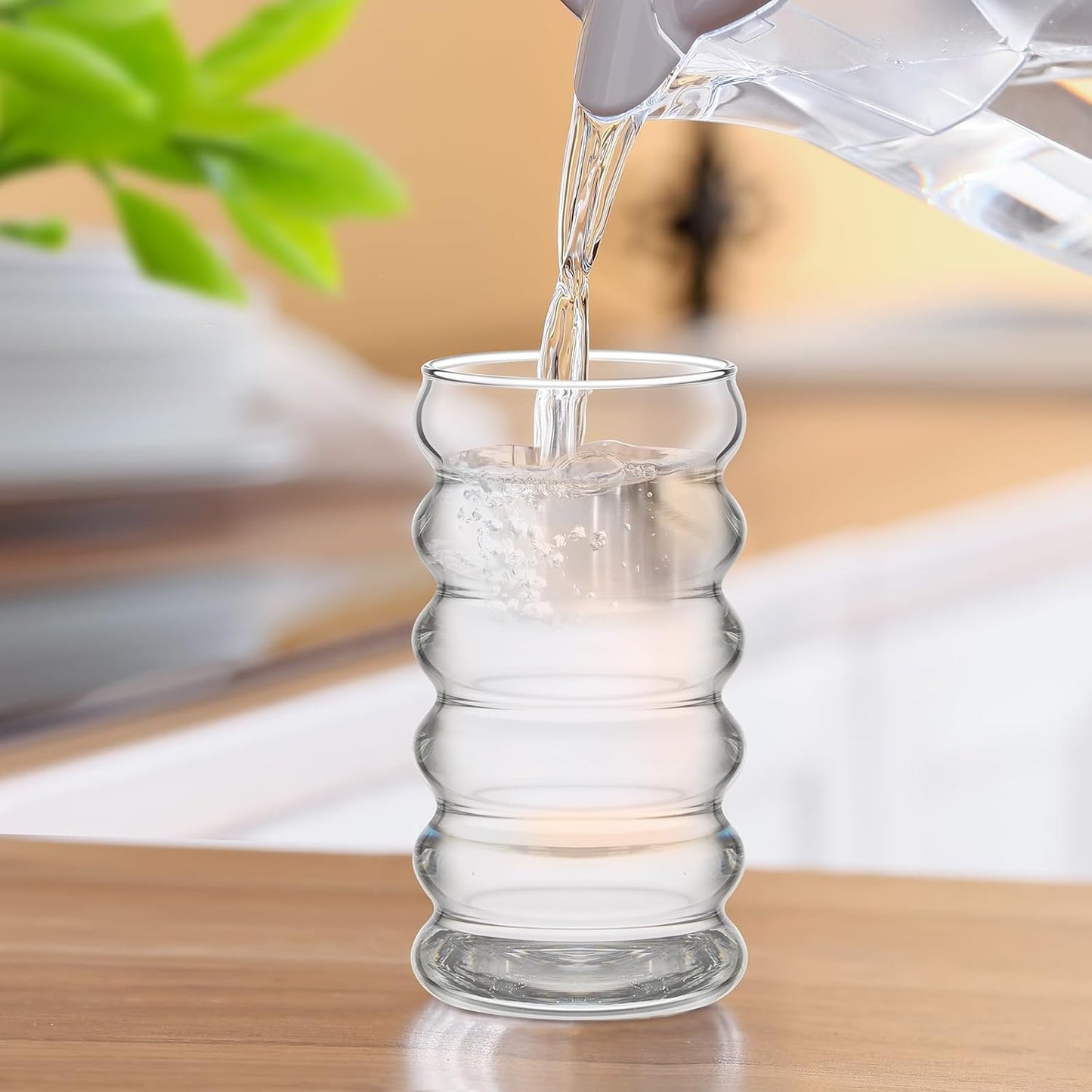 Tessco for you 4 Pcs Creative Glass Cups Vintage Drinking Glasses Ribbed Glassware Aesthetic Cup Entertainment Dinnerware Glassware with Straws Set for Kitchen Coffee Beverage(16 oz,Clear)