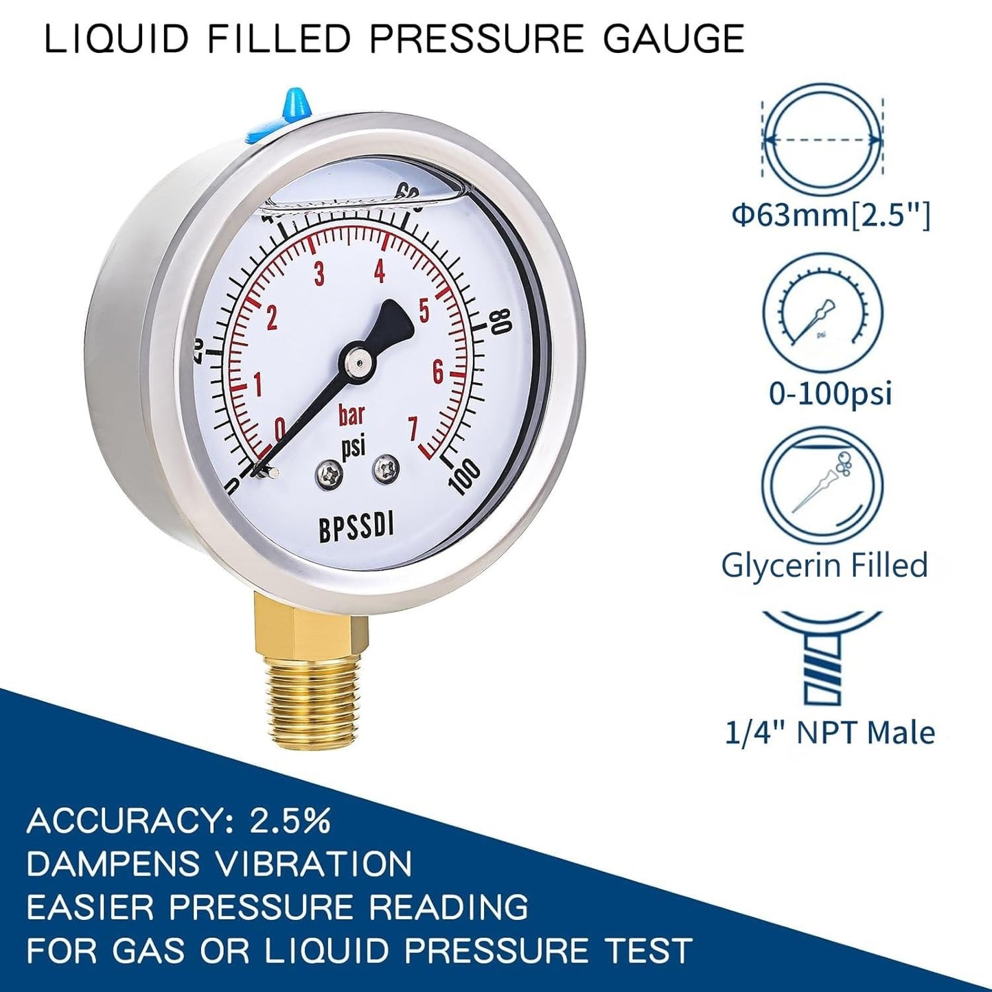 0-100 Psi Glycerin Liquid Filled Low Pressure Gauge, 2.5" Dial Size, 1/4" NPT Lower Mount, 304 Stainless Steel Case, for Water Pump, Pneumatic Air, RV Hose, Gas Pressure Test
