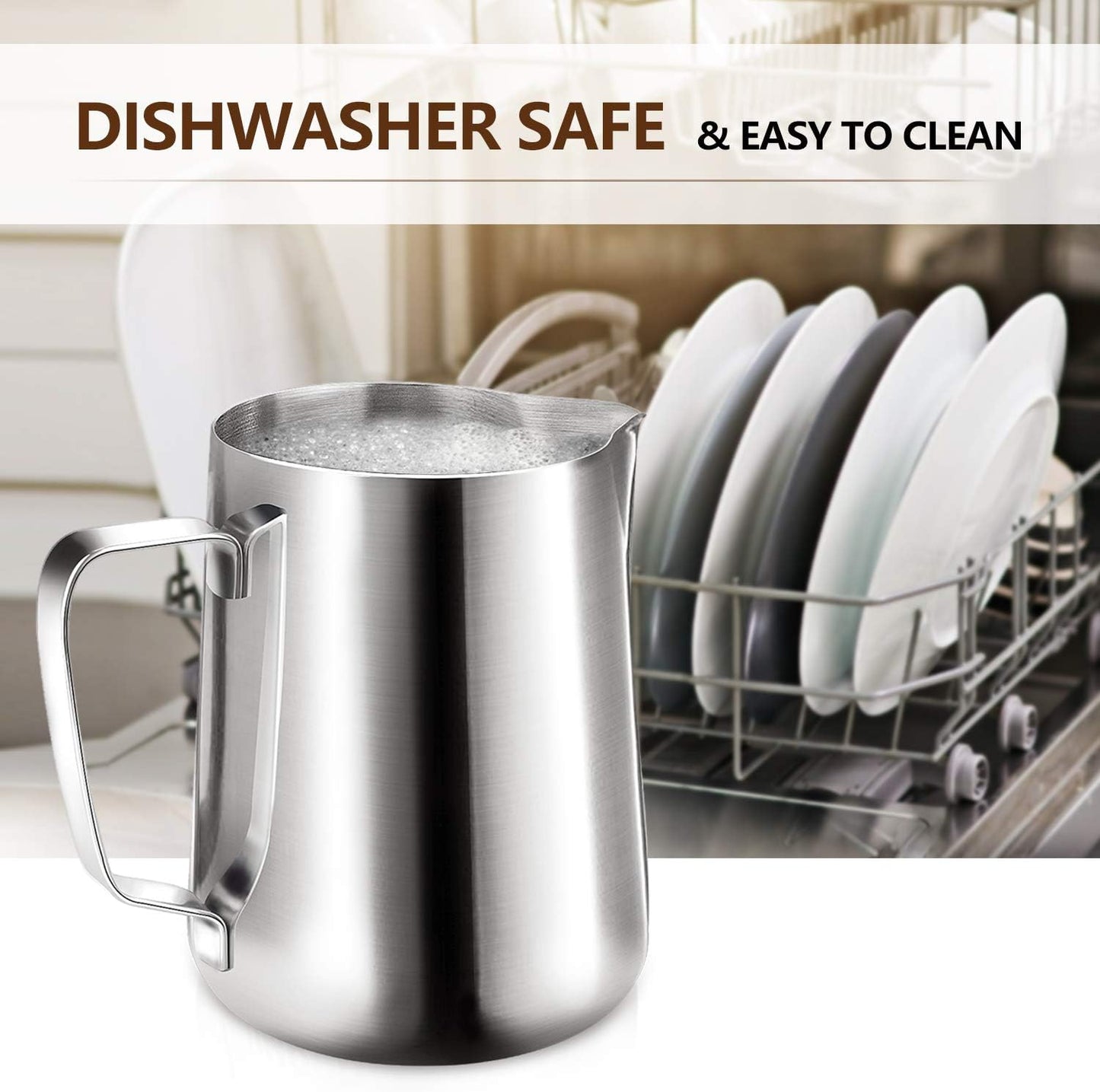 HOOMIL Milk Frothing Pitcher, 20oz/600ml Stainless Steel Steaming Pitcher Barista Milk Frother Cup Jug for Espresso Machine Coffee Cappuccino Latte Art - Silver