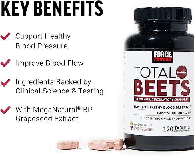 Force Factor Total Beets Blood Pressure Supplements, Nitric Oxide Supplement with Beet Root Powder, Nitrates, Grapeseed Extract for Circulation, Cardiovascular, Heart Health, 360 Tablets, 3 Pack