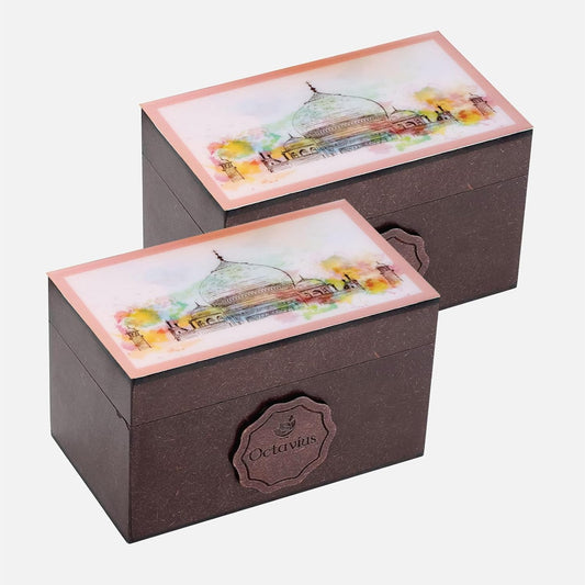 Octavius Assorted Tea Gift Set | 6 Flavored Black & Green Teas | 30 Premium Teabags in Each Box | Wooden Tea Sampler with Taj Mahal Design | Luxury Tea Gift Box | Pack of 2