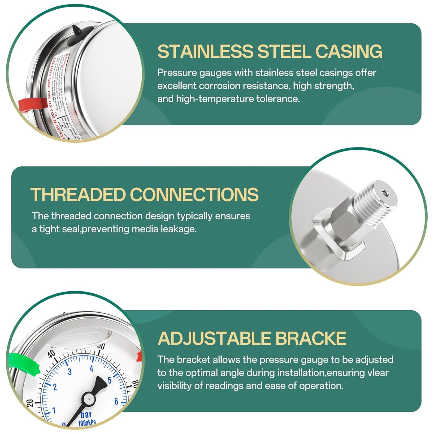 0-100PSI Stainless Steel Liquid Filled Pressure Gauge, 2.5" Dial Size, 1/4" NPT 316 Stainless Steel Joint, Back Mount, for Tube, Water Pump, Gas, Liquid (with Range Mark Pointer)