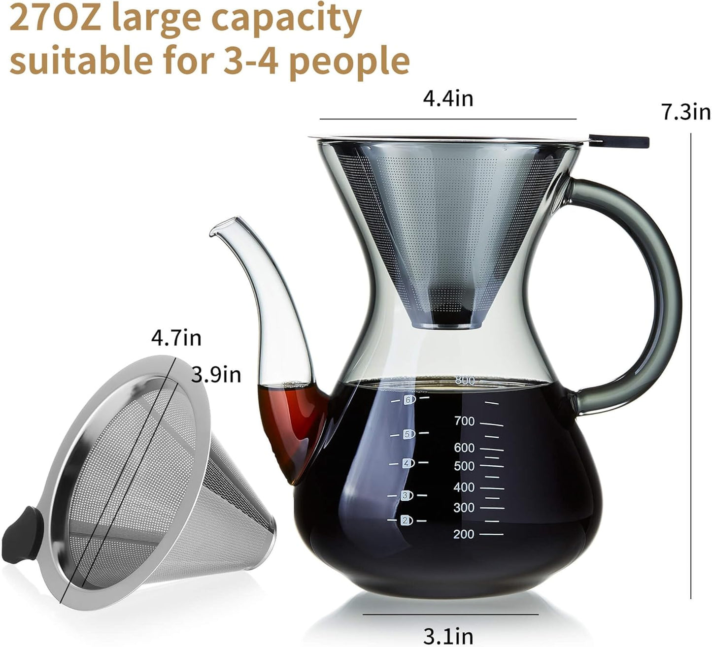 Unbreakable - Pour Over Coffee Maker with Double Stainless Filter 34 fl oz, Thickened Heat-Resistant Borosilicate Glass Pour Over Coffee Dripper, Stovetop Safe