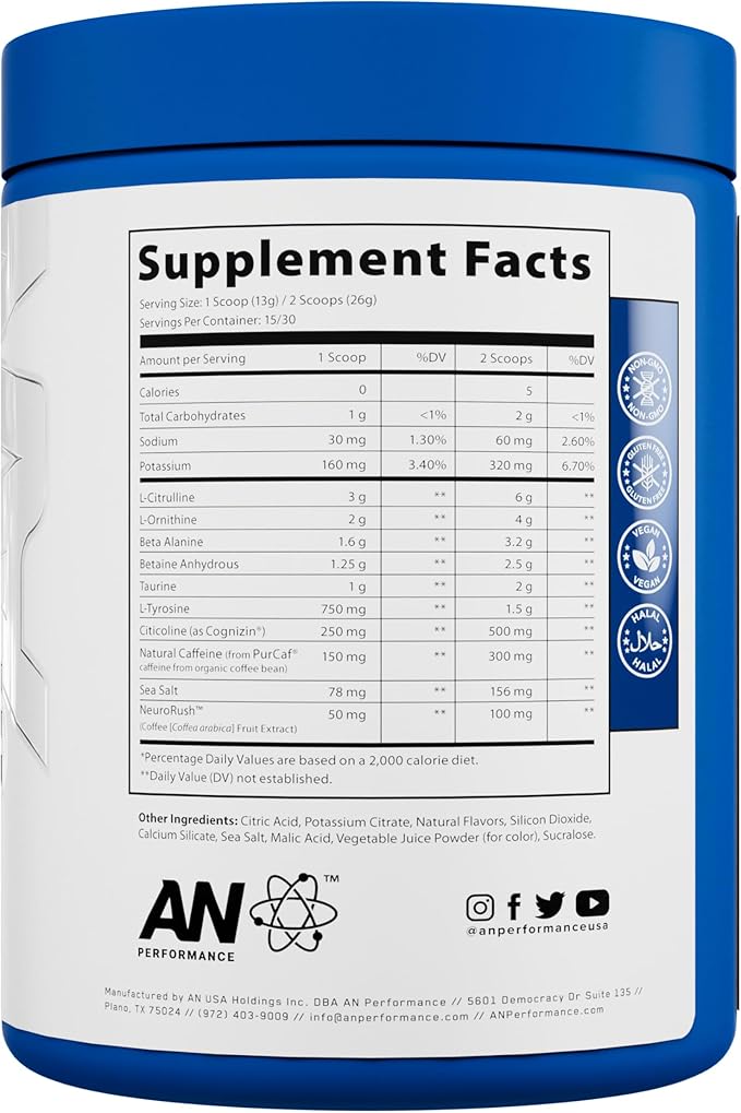 AN Performance Pre-Workout Powder Supplement for Men & Women | Energy Drink Mix with 300mg Caffeine + Beta Alanine + Citrulline | Third-Party Tested | Peach Mango | 30 Servings