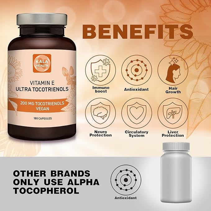 KALA HEALTH Ultra Tocotrienol 200mg Vitamin E Vegan – All 4 tocotrienols - Tocopherol Free - Supports Immune Health & Antioxidant Health Tocotrienols Supplement