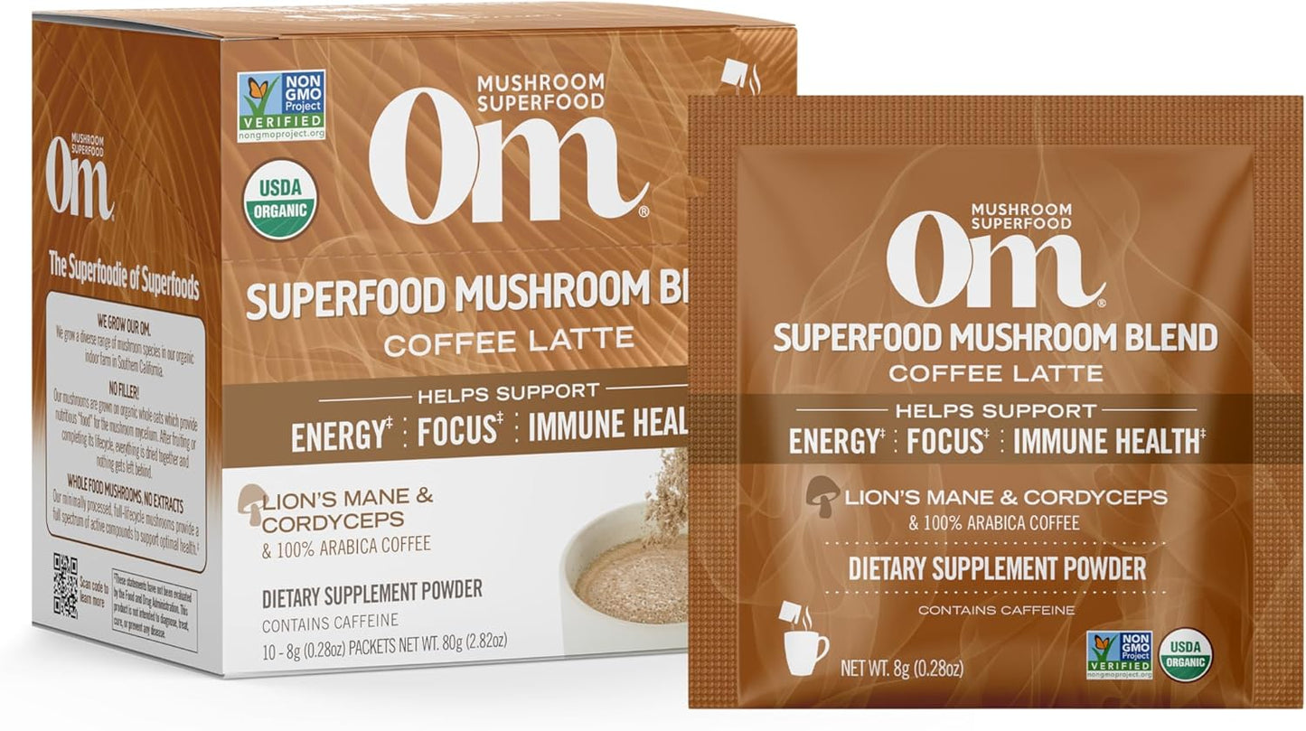 OM MUSHROOM SUPERFOOD Coffee Latte Blend Mushroom Powder, Single Serve, 10 Count, Lion's Mane, Cordyceps, Reishi, Chaga, Energy & Mental Clarity Support Supplement