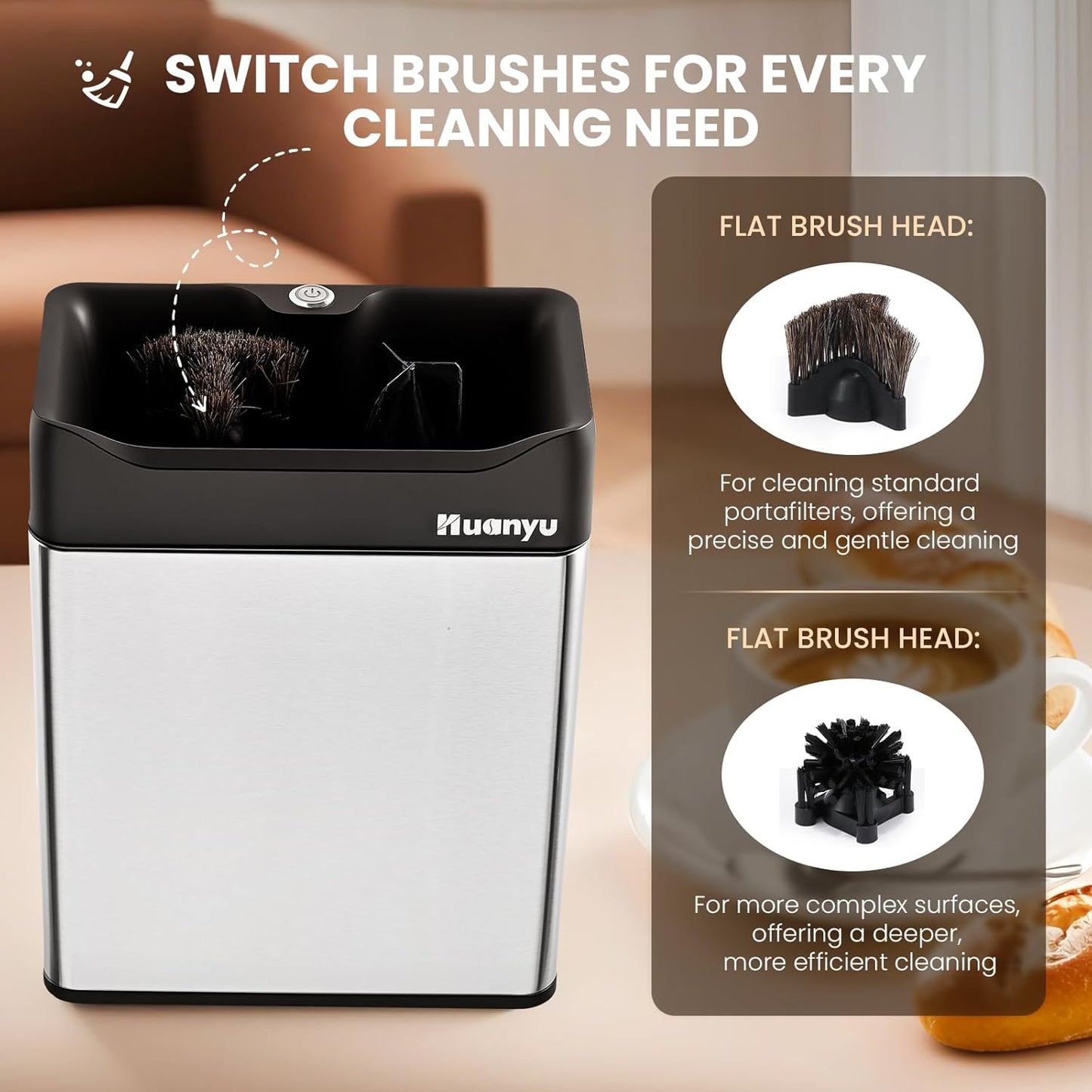 Huanyu Portafilter Cleaner Electric, 6L Large Capacity, with Dual Brush Heads, 3 Scrapers for 58mm and 51mm Portafilters, Automatic Coffee Grounds Cleaning Machine