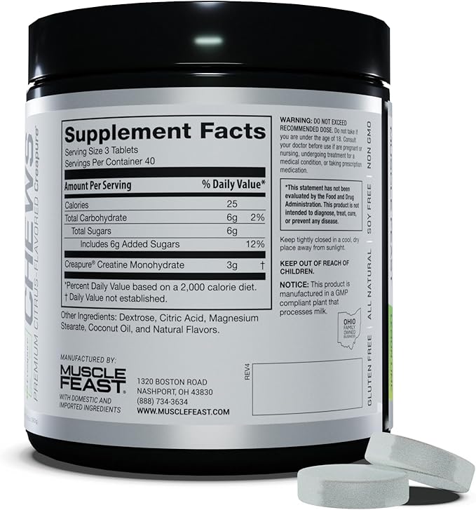 Muscle Feast Vegan Creatine Monohydrate, Gluten-Free Creapure Chews, Lemon Lime, 120 Tabs