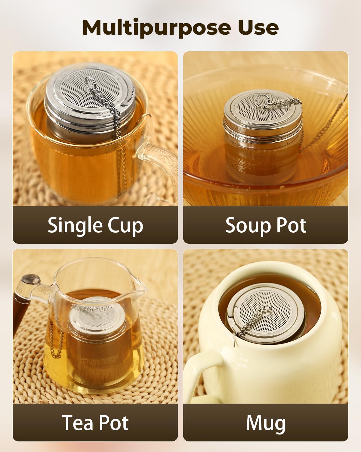 House Again Large Tea Infuser with Scoop, Extra Fine Mesh Tea Strainers for Loose Tea & Spice Infuser for Cooking, 304 Stainless Steel, Loose Leaf Tea Steeper for Brew Tea Spices & Seasonings