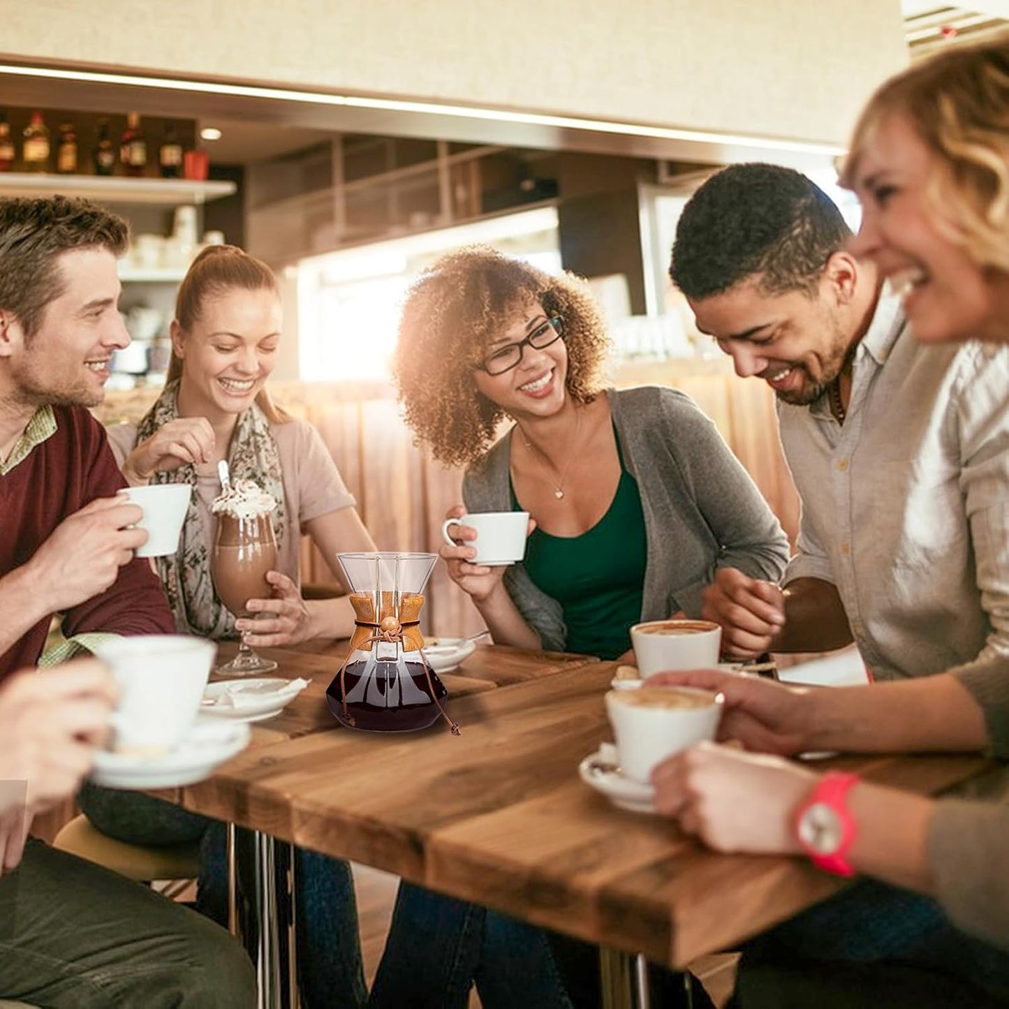 Pour Over Coffee Maker with Reusable Stainless Steel Drip Filter, Lead-Free Borosilicate Glass Coffee Carafe with Modern Wooden Collar for 1-4Cup, Diamond Clear (600ml/20oz)