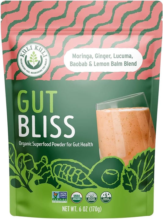 Kuli Kuli Gut Bliss Superfood Powder [6 oz] - Powerful Blend of Organic Moringa, Baobab, Lucuma, Ginger and Lemon Balm - Promote Digestion, Soothe the Stomach and Boost Gut Health