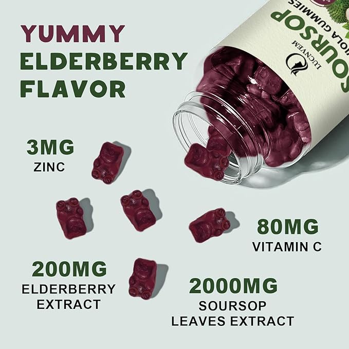 Organic Soursop Graviola Gummies, Soursop Extract with Elderberry Rich in Multivitamin for Natural Antioxidant, Cell Support & Regeneration, Immune Boost and Skin, Vegan- 60 Day Supply