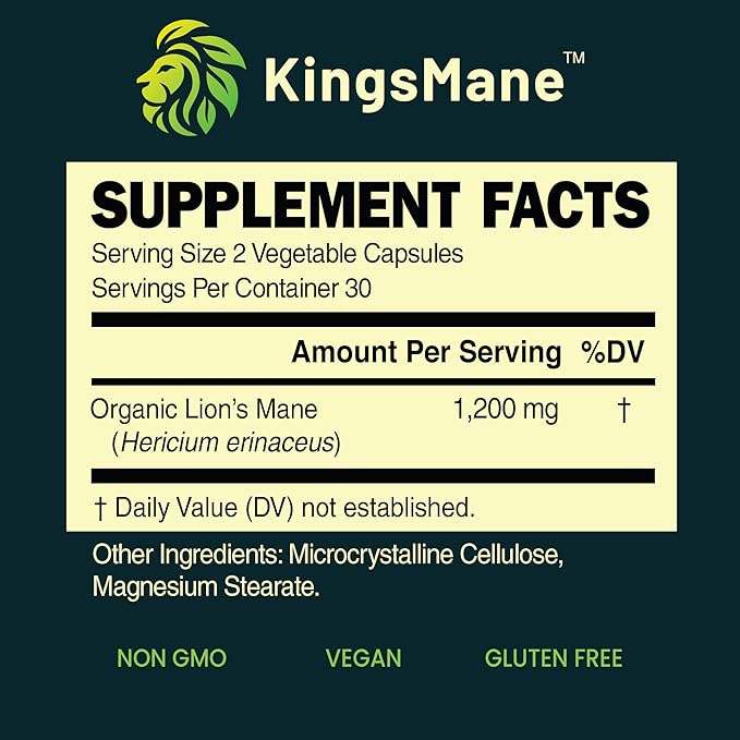 KingsMane™ Organic Lion's Mane Mushroom Supplement, Memory, Focus, & Clarity Brain Support, 1200mg, 60 Capsules
