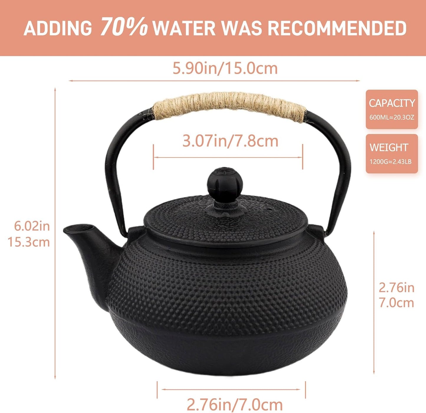 20.3oz Only, Small Tea Kettle for 1-2 Cups, Japanese Tetsubin, Cast Iron Teapot with Stainless Steel Infuser for Loose Leaf & Coffee, Tea Pot for Stovetop Safe, Enamel Interior(Black, 600ml)