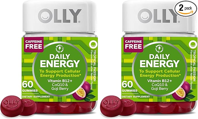 OLLY Daily Energy Gummy, Caffeine Free, Vitamin B12, CoQ10, Goji Berry, Adult Chewable Supplement, Tropical Flavor - 60 Count (Pack of 2)