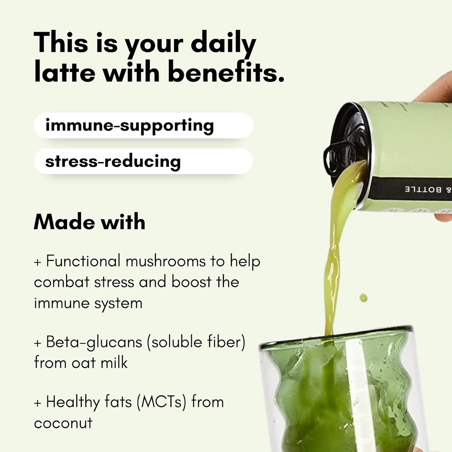 Pop & Bottle, Oat Milk Lattes - Matcha with Reishi and Maitake Mushrooms, Green Tea Latte, MCT Oil, Organic, Dairy Free, Gluten Free, Lightly Sweetened with Dates - Matcha, 8 Fl Oz (12 Pack)