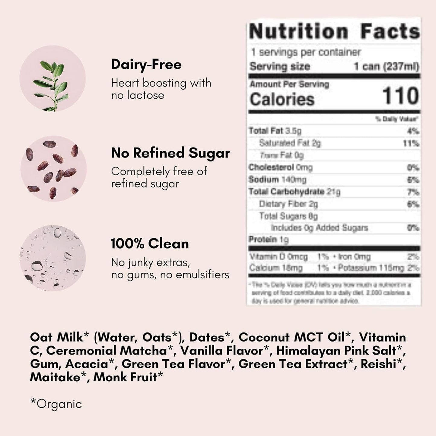 Pop & Bottle, Classic and Matcha Oat Milk Lattes - Reishi and Maitake Mushrooms, Green Tea, Cold Brew, Coffee Berry, MCT Oil, Organic, Dairy & Gluten Free, Vegan - 8 Fl Oz, (Pack of 12), 6 Each