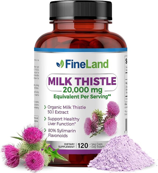 FineLand MILK THISTLE SILYMARIN Extract 50:1, Max Strength 20,000mg Eq Per Capsule, Liver Cleanse Detox, Liver Health Support Supplement, Antioxidant,120 Veggie Caps, 4 Months’ Supply, Vegan, Natural.