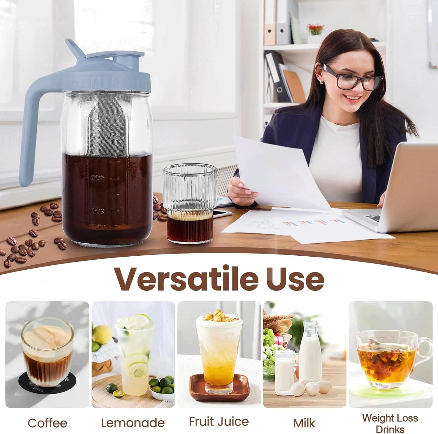 Cold Brew Coffee Maker,32 oz Mason Jar Pitcher with Stainless Steel Filter, Pour Spout Handle Lid, Heavy Duty Glass Airtight & Leak-Proof Pitcher for iced coffee Tea Lemonade-Gray