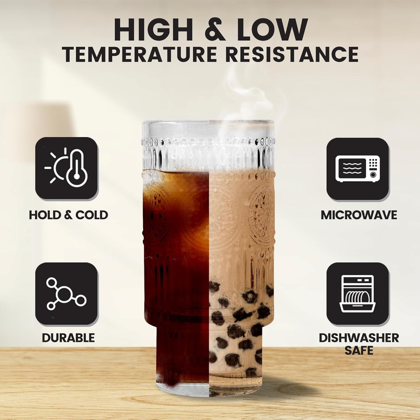 11 oz Drinking Glasses Cups Set of 2 with Bamboo Lids Straws Brush Vintage Small Glassware Set for Mojito Iced Coffee Cocktail Whiskey(Ribbed & Hobnail)