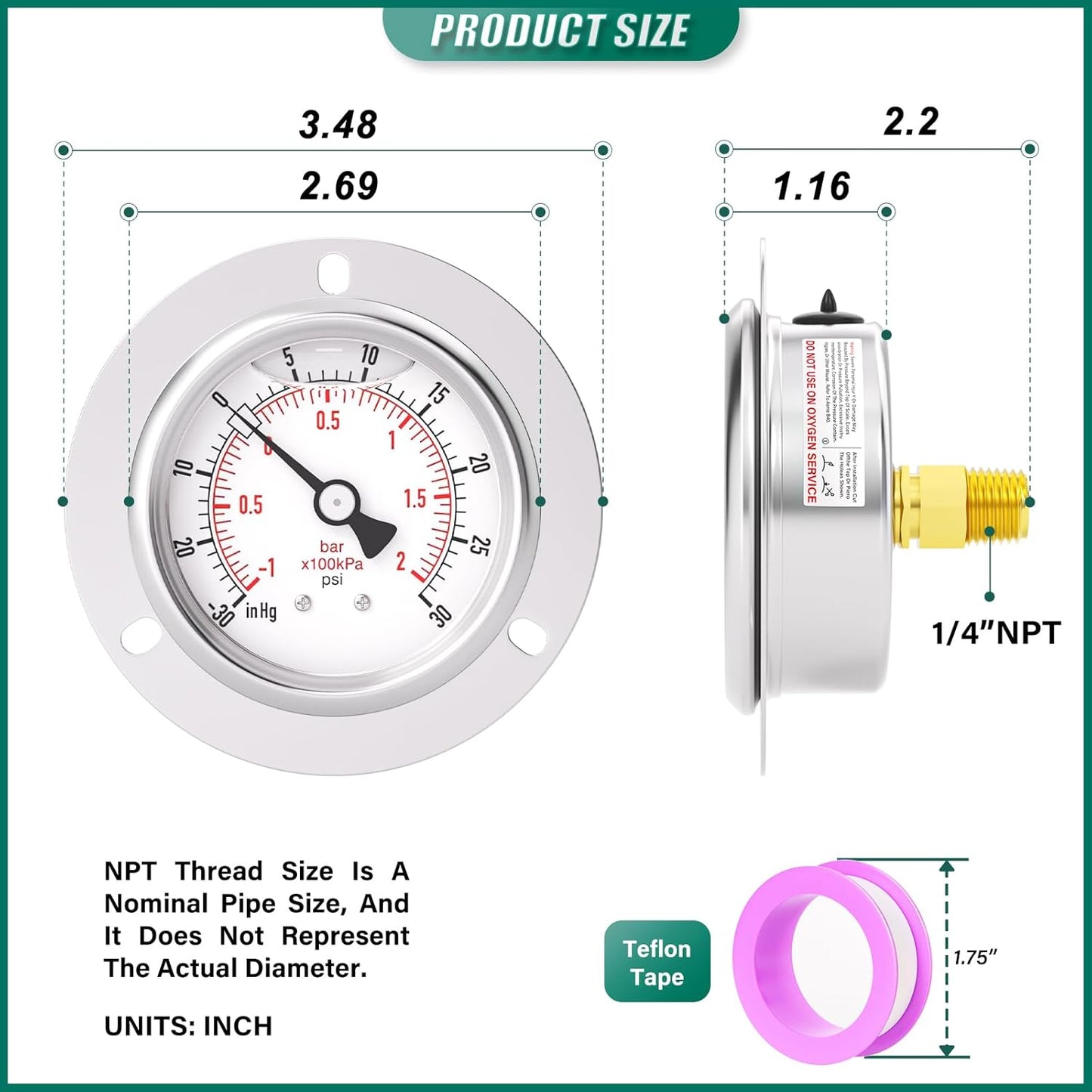 -30inHG-30PSI Panel Mount Front Flanged Glycerin Filled Pressure Gauge, 2.5" Dial Size, 1/4" MNPT Back Mount, Stainless Steel Case, with Phillips Screw and Nut, for Water, Gas, Liquid