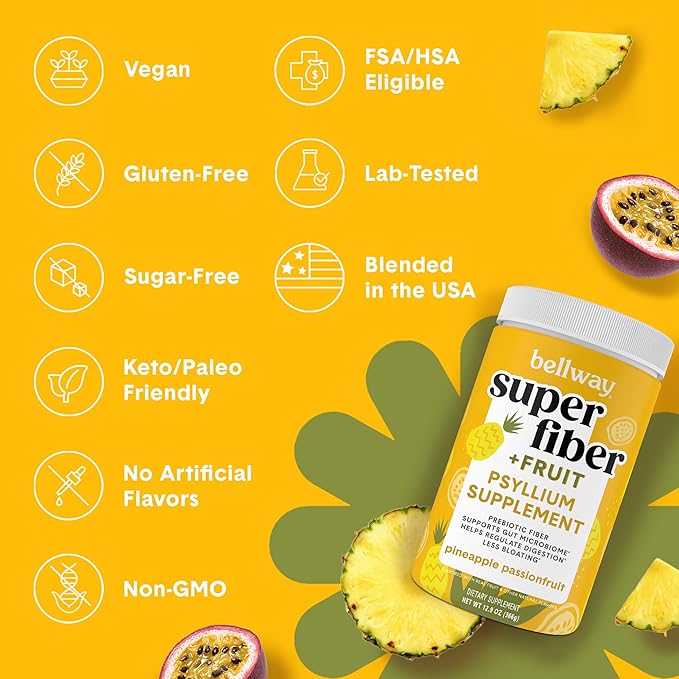 Bellway Super Fiber Powder + Fruit (5 Pack), Sugar Free Organic Psyllium Husk Powder Fiber Supplement for Regularity, Bloating Relief & Gut Health, Plant-Based, Pineapple Passion Fruit (250 Servings)