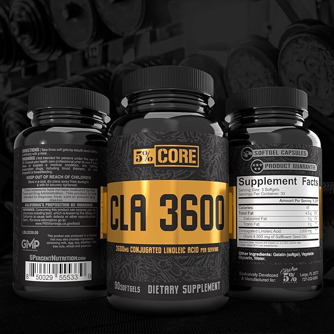 5% Nutrition Core CLA Supplement for Weight Loss, Metabolism Support & Muscle Preservation | 3,600 mg of Conjugated Linoleic Acid from 4,500 mg of Safflower Oil (30 Servings / 90 Softgels)