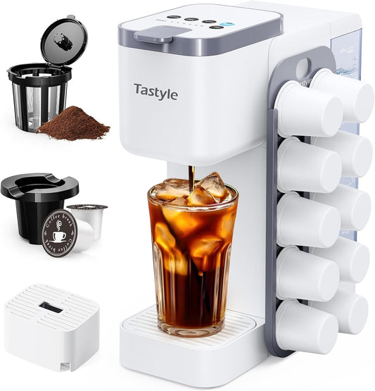 Hot & Iced Coffee Maker with Magnetic K-Pod Organizer (Pods Not Included), Stores 10 Pods, 4-5 Cups Coffee Maker & Single-serve Brewer for K Cup & Grounds, 40oz Removable Water Tank, White