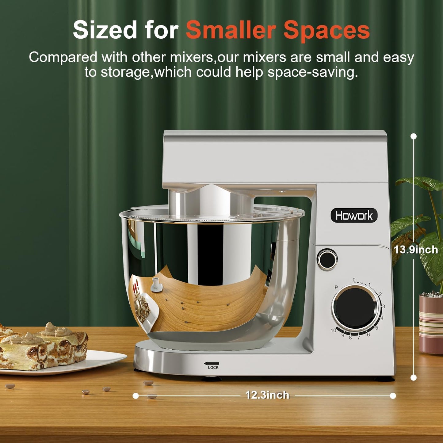 HOWORK Stand Mixer,10+p Speeds With 5.5QT Stainless Steel Bowl,Dough Hook, Wire Whip & Beater,for Most Home Cooks,Silver