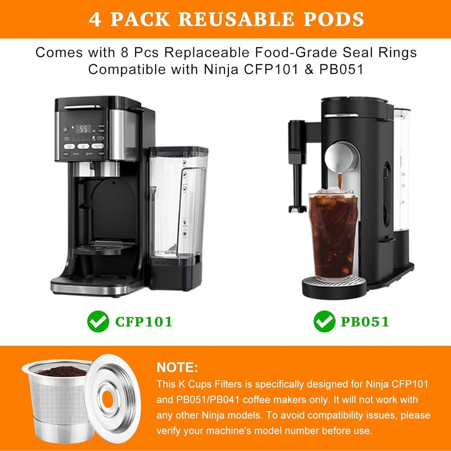 Reusable K Cups Compatible with Ninja Pods and Grounds Coffee Maker, Stainless Steel K Cup for Ninja Dual Brew CFP101 & Ninja Single-Serve PB051/PB041, Reusable Coffee Filter Pods Accessories (4 Pack)