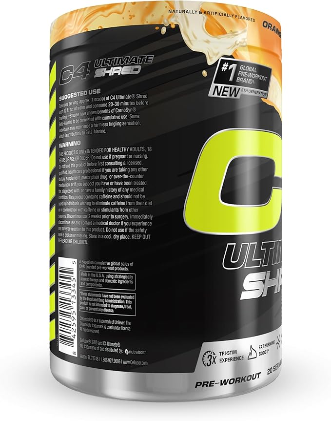 Cellucor C4 Ultimate Shred Pre Workout Powder, Metabolism Supplement with Cayenne Extract+300mg Caffeine+TeaCrine+Dynamine - Orange Creamsicle, 20 Servings