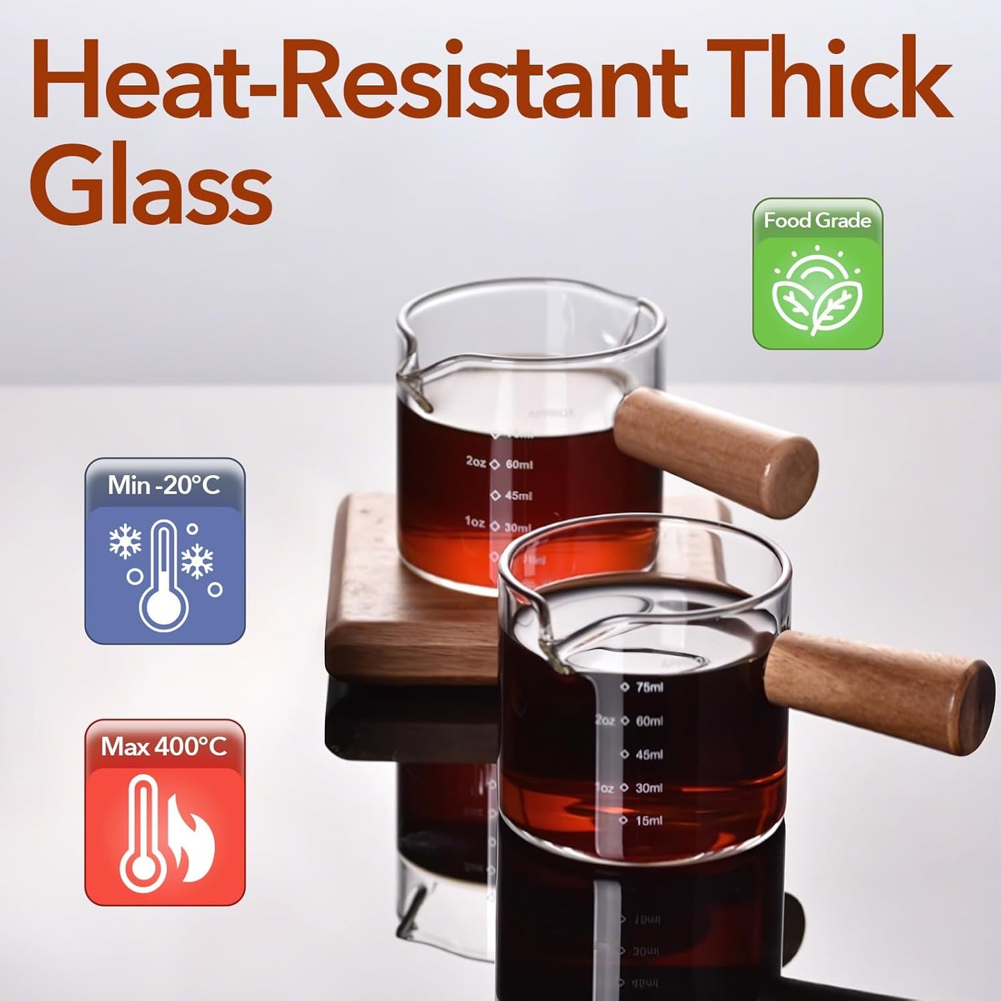 YARRAMATE 3.4oz Espresso Shots Cup with Wood Handle, Clear Glass Espresso Measuring Cup with Dual Scale, Shot Glass with Single Spout