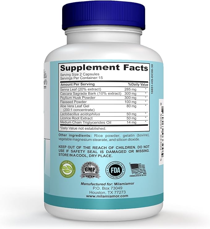 Milamiamor 15 Day Cleanse - Gut and Colon Support - Advanced Gut Cleanse Detox for Women & Men with Senna, Cascara Sagrada & Psyllium Husk - Non-GMO - Made in USA - 30 Capsules