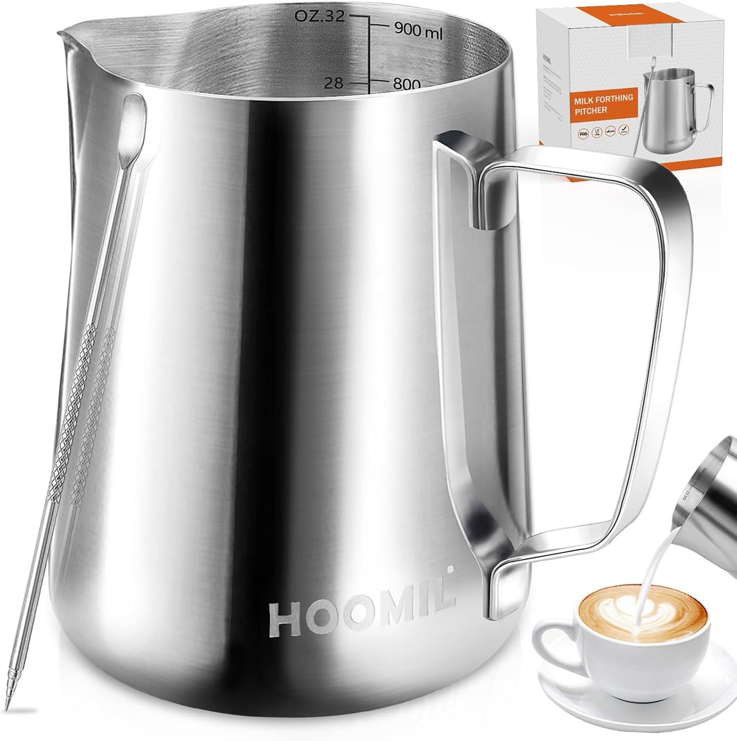 HOOMIL Milk Frothing Pitcher, 32oz/900ml Stainless Steel Steaming Pitcher Barista Milk Frother Cup Jug for Espresso Machine Coffee Cappuccino Latte Art - Silver