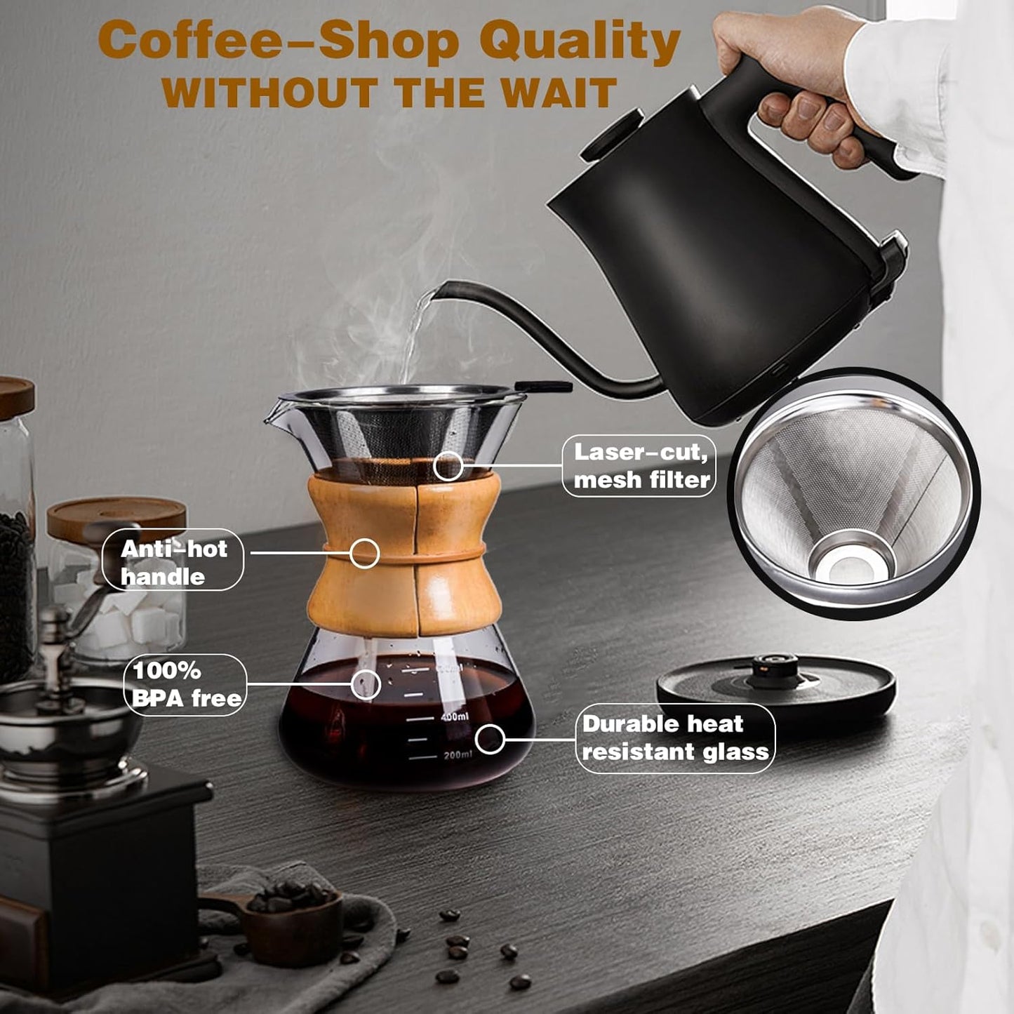 Pour Over Coffee Maker with Reusable Stainless Steel Drip Filter, Lead-Free Borosilicate Glass Coffee Carafe with Modern Wooden Collar for 1-4Cup, Circular Clear (600ml/20oz)