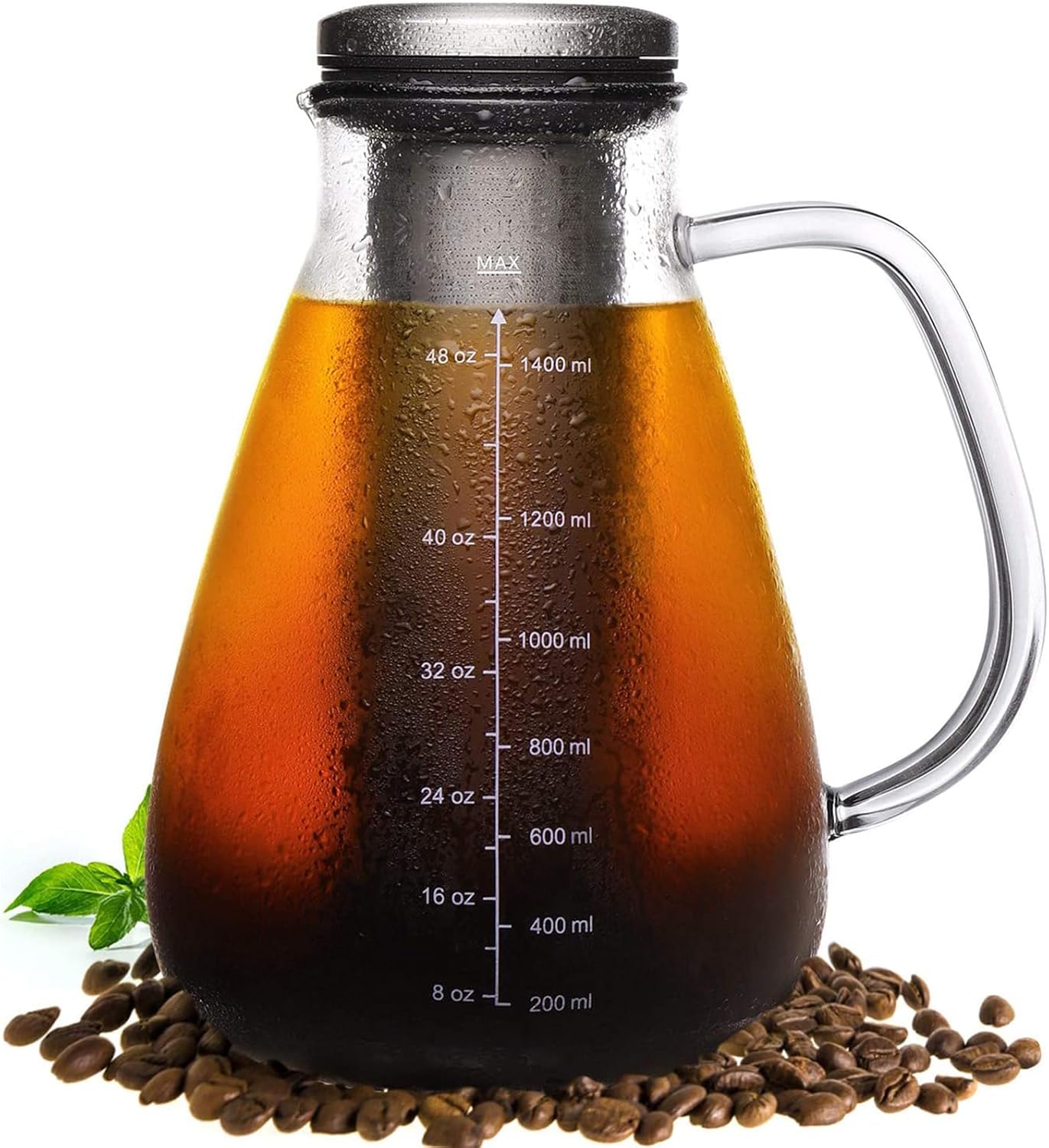Cold Brew Iced Coffee Maker 51oz, Brewed Coffee Pot with Removable Double Mesh 304 Stainless Steel Filter, BPA-Free Cold Brew Pitcher Glass Container, Tea Maker