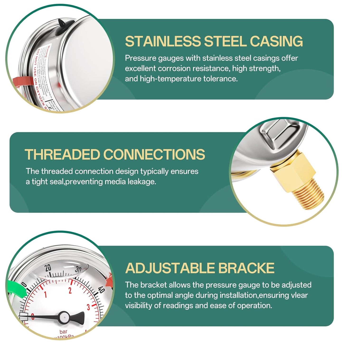 -30inHG-60PSI Stainless Steel Liquid Filled Pressure Gauge, 2.5" Dial Size, 1/8" NPT Lower Mount, for Tube, Water Pump, Gas, Liquid, Pressure Test (with Range Mark Pointer)