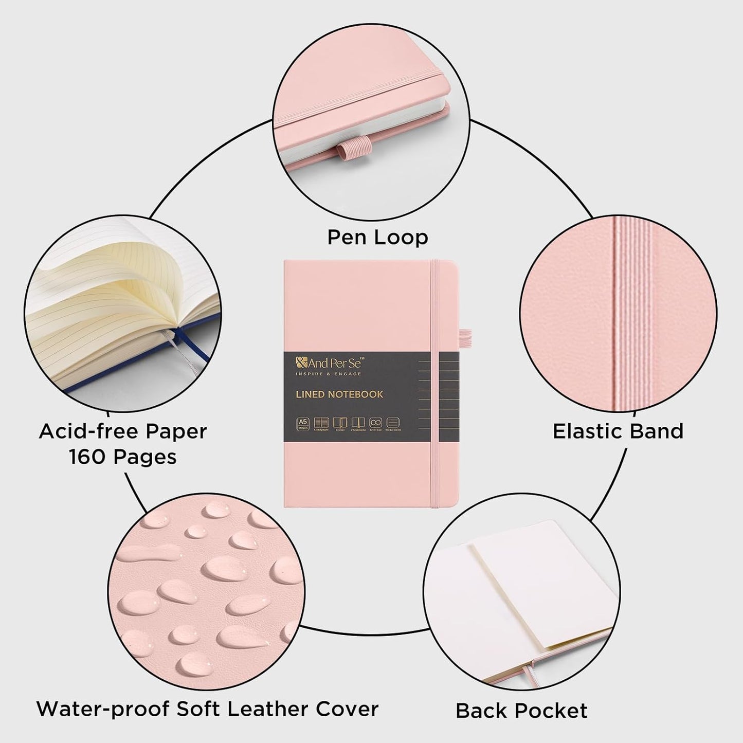 &And Per Se Lined Journal Notebook, 160 Pages, A5 5.7 x 8 inches College Ruled Thick Paper Notebook Journals for Writing, Hardcover Notebooks for Women Men Office School (1 Pack, Pink)