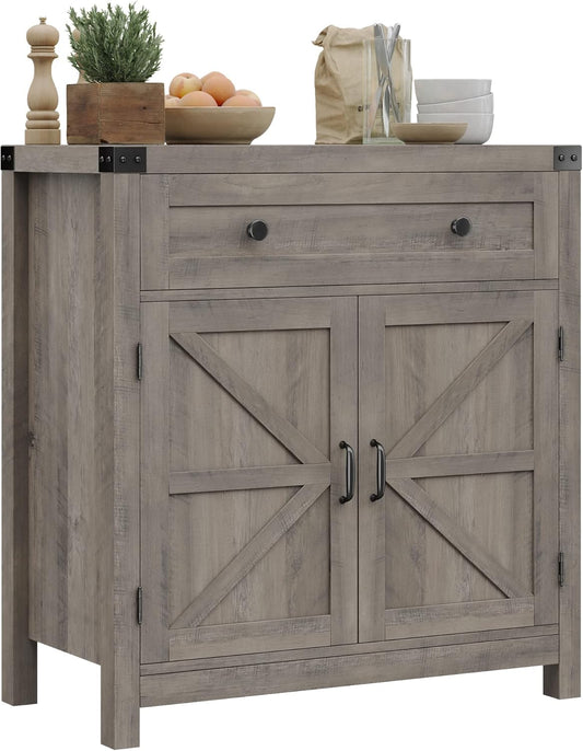 HOSTACK Coffee Bar Cabinet, Kitchen Storage Cabinet, Modern Farmhouse Buffet Sideboard with Drawer and Adjustable Shelf, Barn Door Accent Cabinets for Kitchen, Dining Room, Entryway, Ash Grey