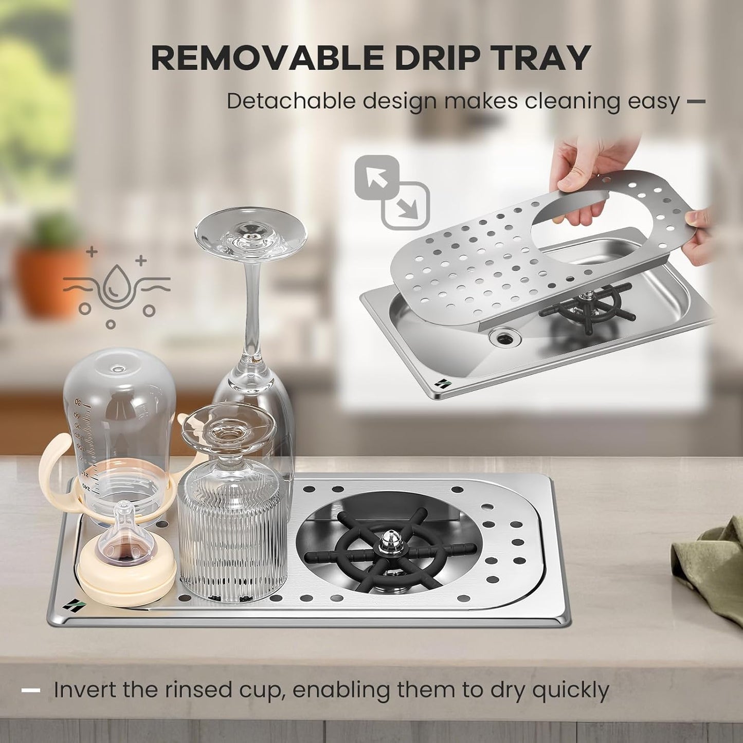 Huanyu Pitcher Rinser with 360 Degree Rotating High-Pressure Nozzle | Stainless Steel Glass Rinser with Drain and Drip Tray | Auto Cup Washer for Household and Commercial | 12.78×6.97×1.58 in