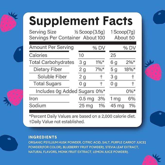Bellway Super Fiber Powder + Fruit, Sugar Free Organic Psyllium Husk Powder Fiber Supplement for Regularity, Bloating Relief & Gut Health, Non-GMO, Plant-Based, Mixed Berry (50 Servings)