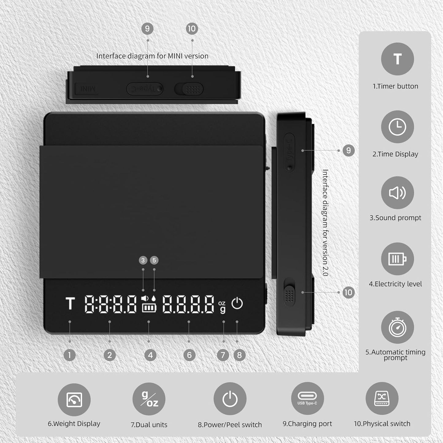 MHW-3BOMEBR Espresso Scale with Auto Timer, Rechargeable Coffee Scale for Barista, 0.1g High Precision Digital Coffee Bean Weight Scales, 0.3-2kg, Solid-liquid Detection, Auto Peeling,White ES6028W-OS