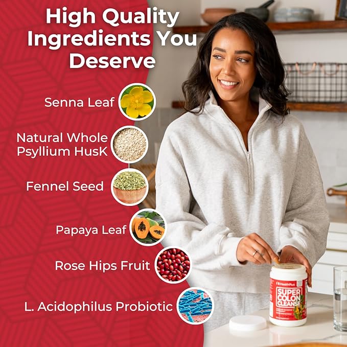 Health Plus Super Colon Cleanse, 12 oz Powder, 68 Servings - Natural Detox, Digestive Constipation Relief, Gentle Gut Cleanse with Psyllium Husk & Senna Leaf