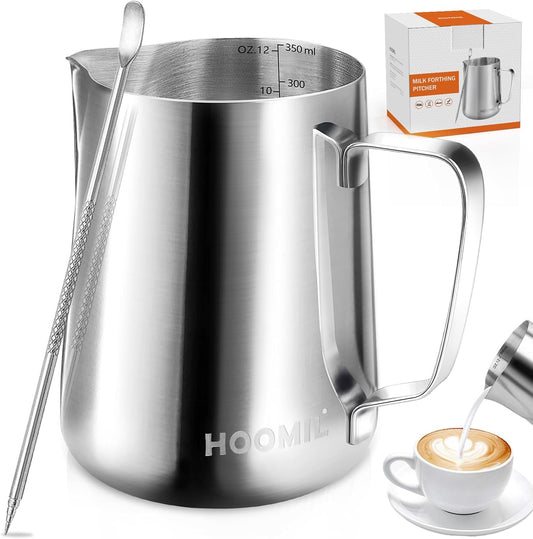 HOOMIL Milk Frothing Pitcher, 12oz/350ml Stainless Steel Steaming Pitcher Barista Milk Frother Cup Jug for Espresso Machine Coffee Cappuccino Latte Art - Silver